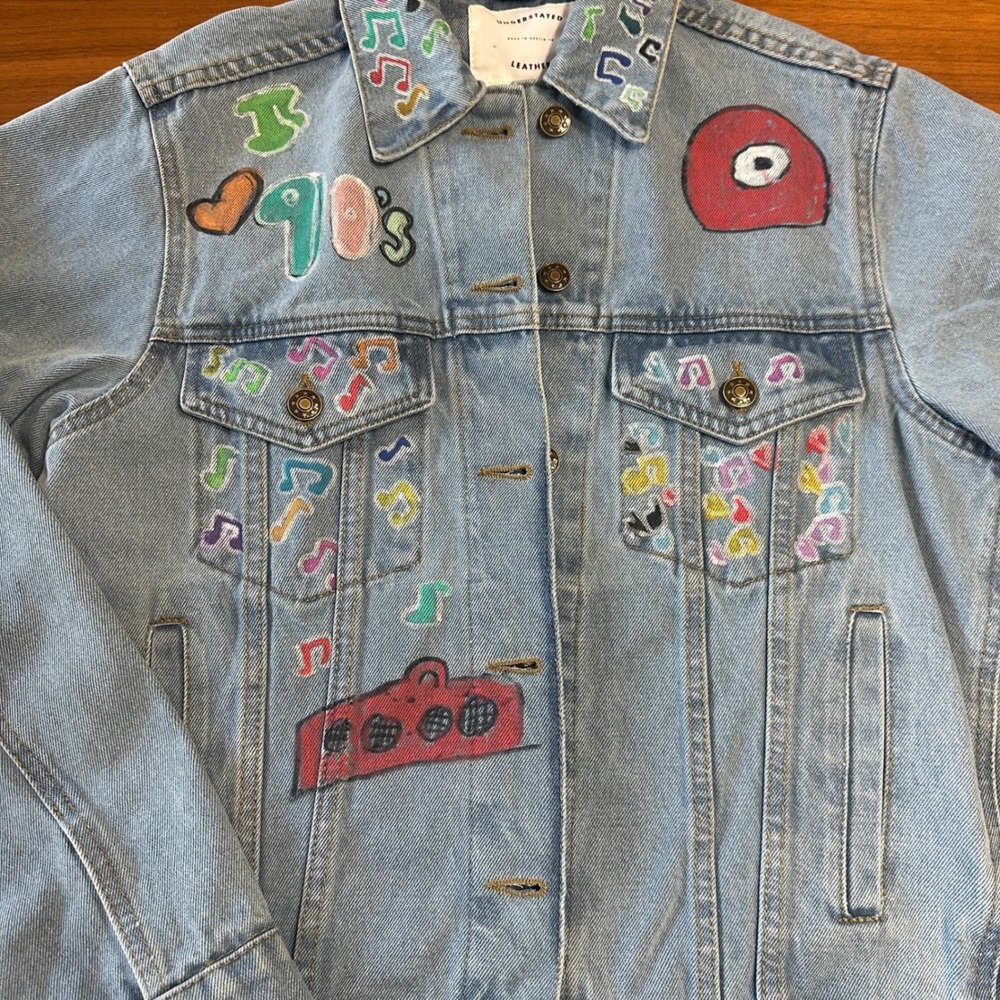 Understated Leather Denim Jacket Cotton Womens Med Blue 90s Hand Painted Custom - Picture 7 of 8